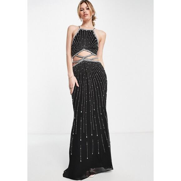 ASOS Beaded Cut Out Maxi Dress Strappy Lace Up Backless Sparkle Prom Gown Black - Picture 1 of 13